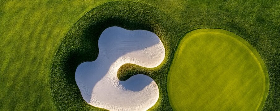 Aerial Abstract Pristine golf course curves &acirc;&euro;&ldquo; vibrant green putting green contrasted by an elaborately shaped, perfectly raked white sand bunker, highlighting design artistry. Golf,