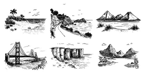 Travel landscape sketches collection with golden gate bridge mountains and coastal views in vintage style © Kaz