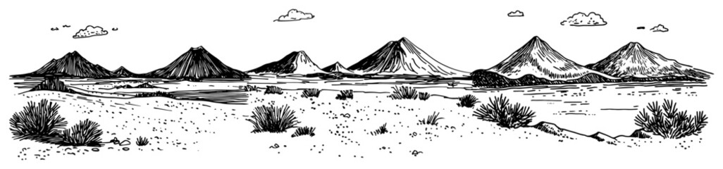 Desert landscape with volcanic mountains and sparse shrubs vector sketch in engraving style © Kaz