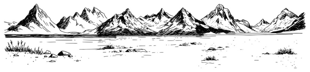 Jagged mountain peaks with rocky foreground and sparse vegetation in hand drawn sketch style © Kaz