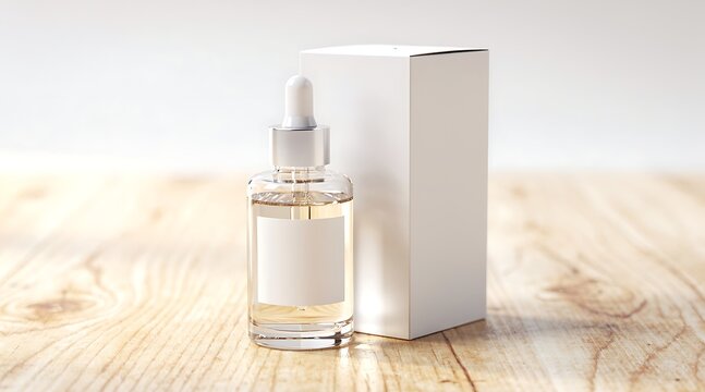 Cosmetic Serum Bottle and Box on Wooden Surface - Skincare Product Mockup.