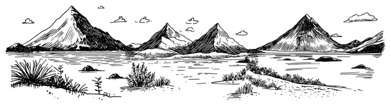Mountain peaks and lake shore with wild grass panoramic landscape vector sketch in engraving style