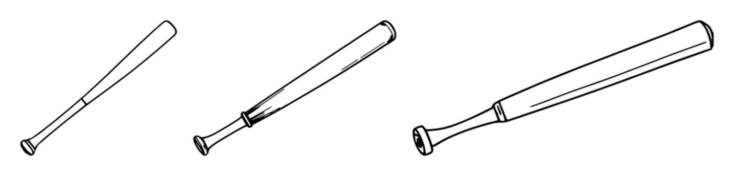 Baseball bat set with single silhouette design featuring baseball, sport, equipment with black line art and white background