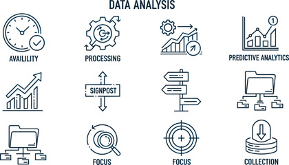 Data analysis and business processing icons including predictive analytics focus signpost and collection set. © Emongrapic