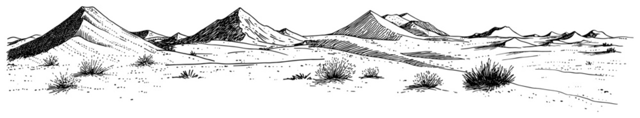 Desert sand dunes with sparse vegetation in vintage engraving sketch style © Kaz