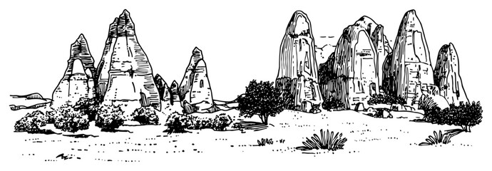 Rock formations landscape with fairy chimneys and desert vegetation in vintage sketch style © Kaz