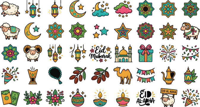Colorful Ramadan and Eid al-Fitr illustrations in flat design style with vibrant colors on white background for festive greeting cards