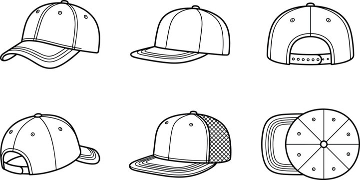 Baseball Cap Outline Icon Collection with Snapback Hat Front Back and Top View Fashion Accessory Vector Illustrations