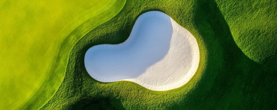 Aerial Top-Down Abstract golf course landscape with pristine white sand bunker framed by vibrant, contoured green fairways and shadows. Modern geometry. golf, pattern