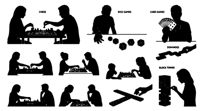 Silhouette Vector Icons of People Playing Board Games, Card Games, and Dice Games, Representing Leisure and Entertainment Activities