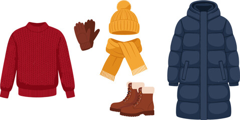 Winter Clothing and Apparel Set with Puffer Jacket, Knitted Sweater, Beanie Hat, Scarf, Boots, and Gloves Vector Illustration for Cold Weather Designs © Borsha
