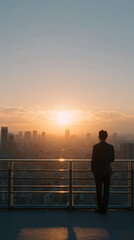 Fototapeta premium Pensive Businessman Overlooking Cityscape at Sunrise: A lone businessman in a suit stands on a balcony, gazing thoughtfully at a sprawling city bathed in the soft, golden hues of dawn.