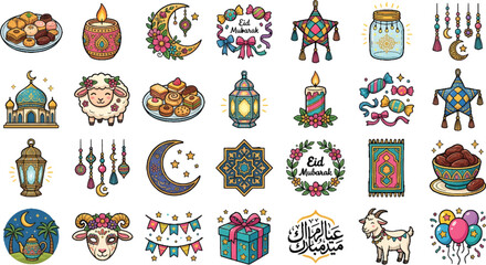 Naklejka premium Ramadan Kareem stickers set colorful illustrations for Islamic holiday greeting card in vibrant playful lighting for social media