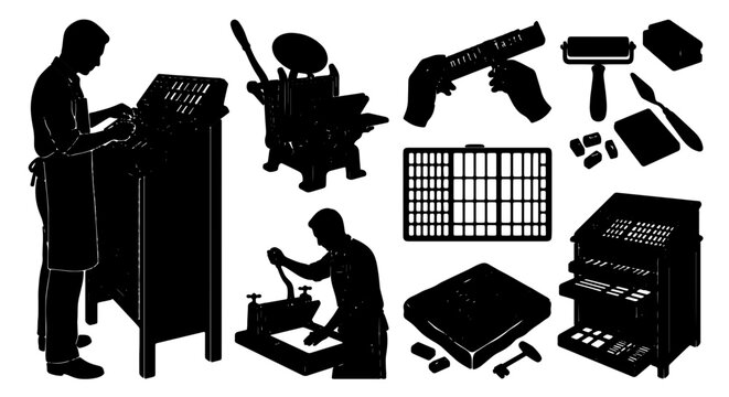 Vintage Printing Press Tools, Silhouette Set of Lithography Equipment, Retro Print Shop Supplies, Graphic Design Industry Elements