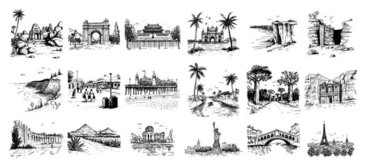 Global landmarks and world travel destinations collection in hand drawn sketch style © Kaz
