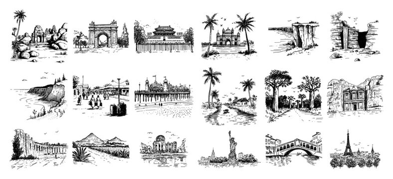 Global landmarks and world travel destinations collection in hand drawn sketch style