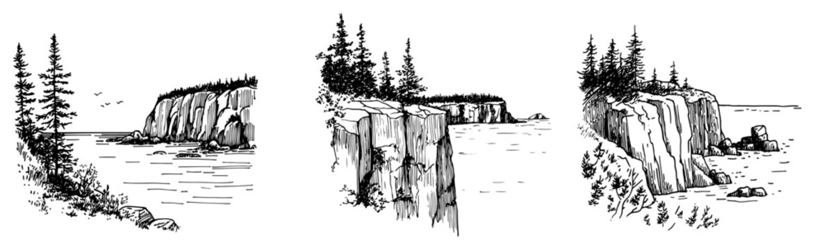 Coastal cliff sketches with pine trees and sea view in vintage engraving style