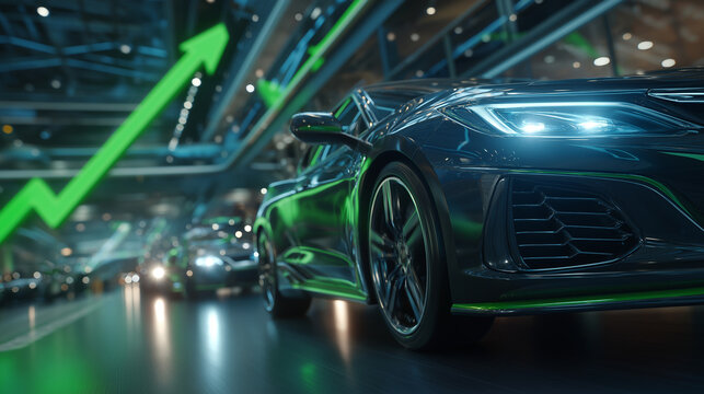 Automotive Market Surge: Sleek modern car with neon green accents, captured in a dynamic shot, superimposed with a green upward-trending graph.