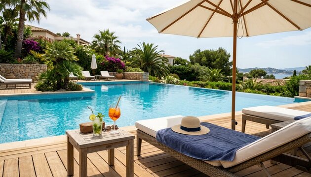 Luxury Poolside Table With Umbrella And Refreshing Summer Drinks
