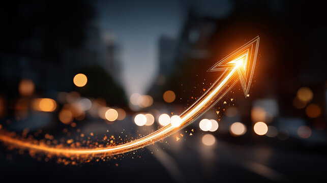 Upward Trend: A glowing orange arrow symbolizing progress and success curves upwards against a blurred urban backdrop of bokeh lights, representing growth and forward momentum in a modern.