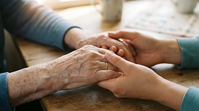Close up of elderly woman's hands clasped with younger hands symbolizing care support and intergenerational connection on a wooden table