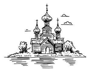 Orthodox wooden church with onion domes by a lake in hand drawn doodle style © Kaz