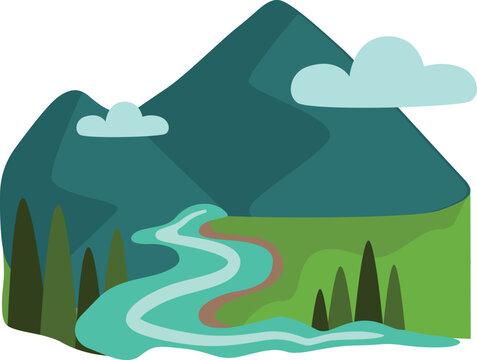 Mountain River Scenic Flat Vector Illustration