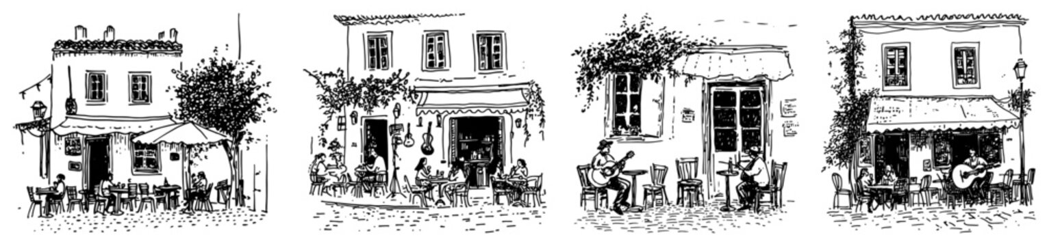 Street cafe scenes with people sitting at tables in hand drawn engraving style