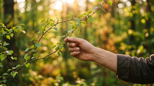 A person gently touching a leafy tree branch in a sunlit forest