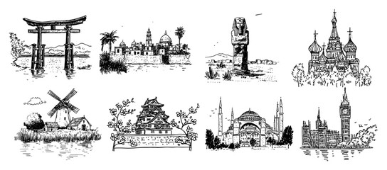 Fototapeta premium World landmarks collection with global monuments and historical architecture in sketch style