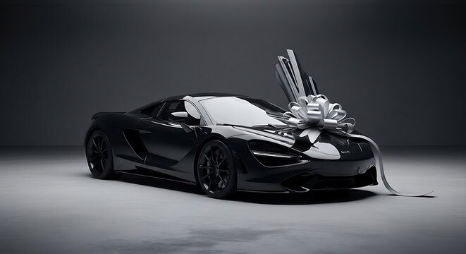 High-performance sports car with trophy and racing flags on a studio background.