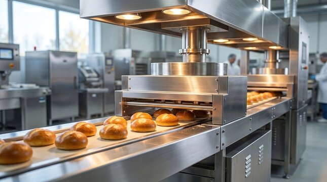 Modern industrial baking machine processing fresh round bread buns on metallic assembly line in automated food manufacturing facility with bright clean workspace area environment.