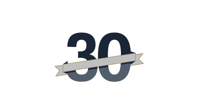 Simple Gray Number 30 with Banner Ribbon on Isolated White Background