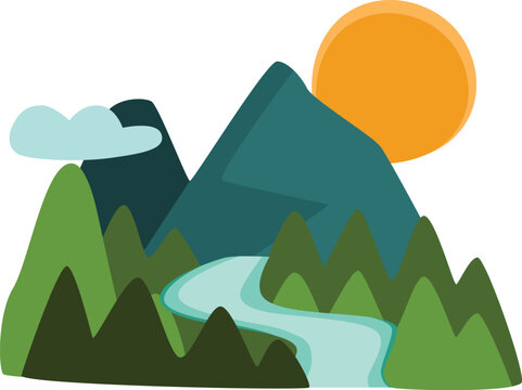 Forest River Mountain Flat Vector Illustration