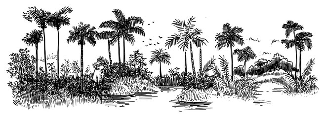 Tropical jungle panorama with palm trees and river in detailed engraving style © Kaz
