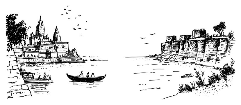 Indian temple on river bank and coastal fortress in vintage etching sketch style