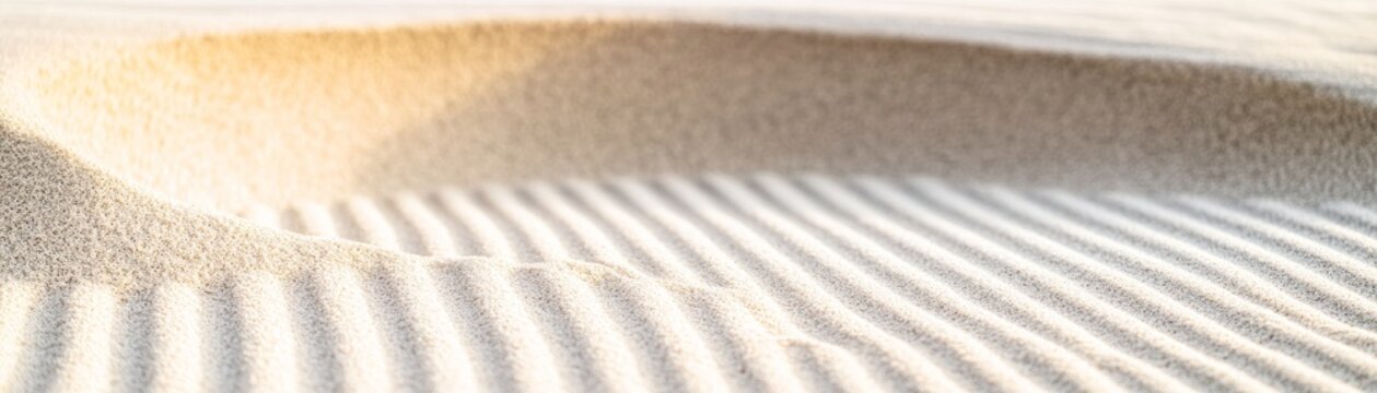 Close-up of a sunlit Zen garden's raked sand, featuring serene, flowing patterns and soft curves. An abstract minimalist composition for peace and calm. Meditation, Harmony