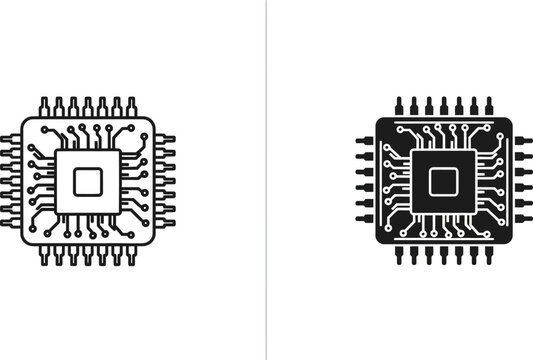 Integrated circuit chip outlines in black and white on a clean background