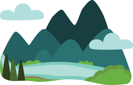 Dark Mountain River Flat Vector Illustration