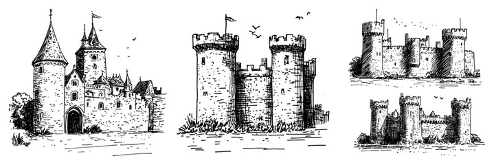Medieval castles and fortresses with stone towers and turrets in hand drawn engraving style © Kaz
