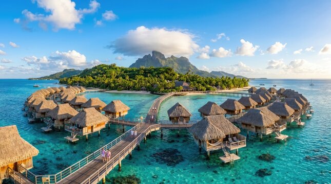 Overwater bungalows in bora bora island resort