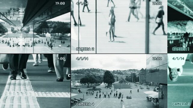 Split screen CCTV security camera surveillance footage of people walking in public