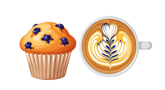 blueberry muffin and latte art coffee
