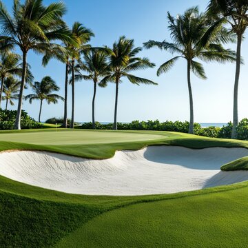 Coastal Golf Dream Lush green, pristine white sand bunker and towering palm trees under a bright blue sky, with the ocean in the distance. Perfect tropical course. Golf, Tropical