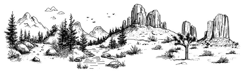 Obraz premium Mountain forest and desert canyon landscape panorama in hand drawn engraving style
