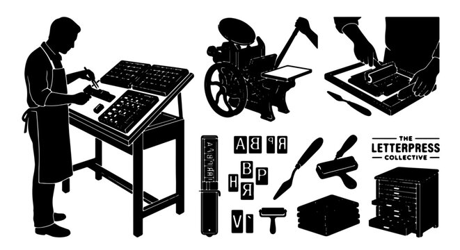 Vintage Letterpress Printing Set, Artisan Craft Tools, Typography Elements, Historical Print Shop Equipment, Black and White Vector Graphics