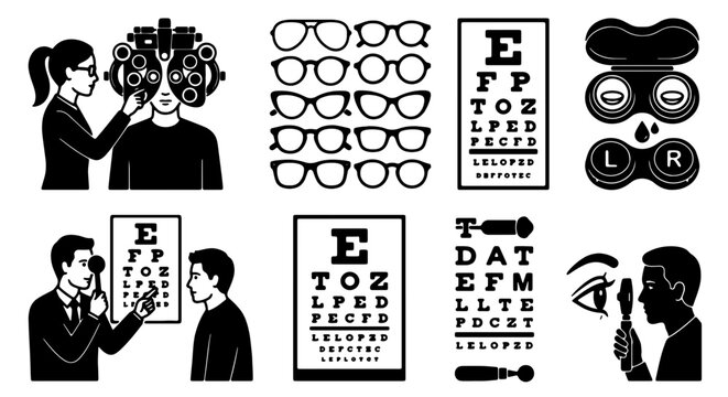 Optometry Icons Set, Eye Exam Charts, Eyeglasses Collection, Contact Lens Case, Vision Care Symbols, Medical Illustration