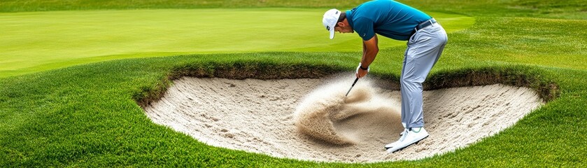 Obraz premium Dynamic action Golfer's powerful bunker shot with sand explosion on a vibrant green course, showcasing skill and challenge, Golf ,Bunker Shot