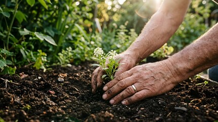 Fototapeta premium Senior man carefully planting a small flowering plant in rich garden soil during a sunny afternoon showcasing horticultural care