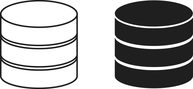 Database icons in outline and solid styles for digital information storage concepts